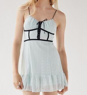 Urban Outfitters Blue Lace Mini Dress Black Trim Ruffle Hem Size M